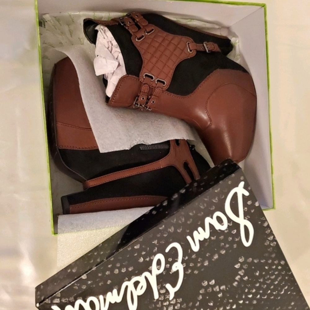 Sam Edelman Brown & Black Buckle Harness Zoe Leather Suede Wedge Ankle Boots sz9 - Picture 14 of 15